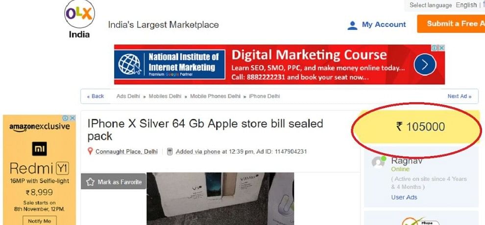 iPhone X being sold for Rs 150000 on OLX