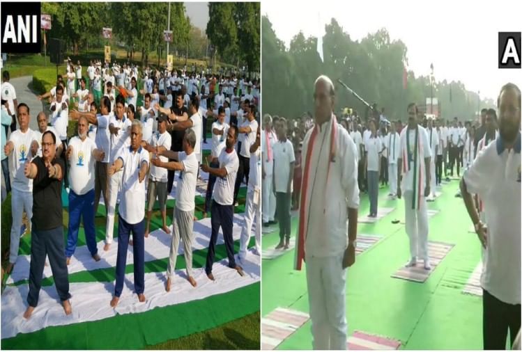 योग दिवस: राजपथ पर राजनाथ सिंह कर रहे हैं योग, नड्डा भी पसीना बहाते दिखे योग करते हुए जेपी नड्डा और राजनाथ सिंह