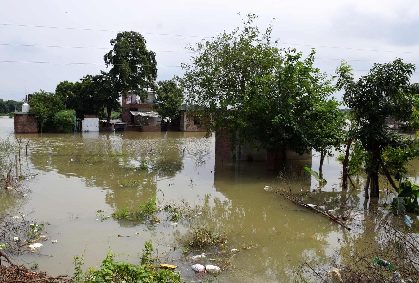 शहर के भोला घाट क्षेत्र में तमसा के पानी से घिरे घर। शहर के भोला घाट क्षेत्र में तमसा के पानी से घिरे घर।