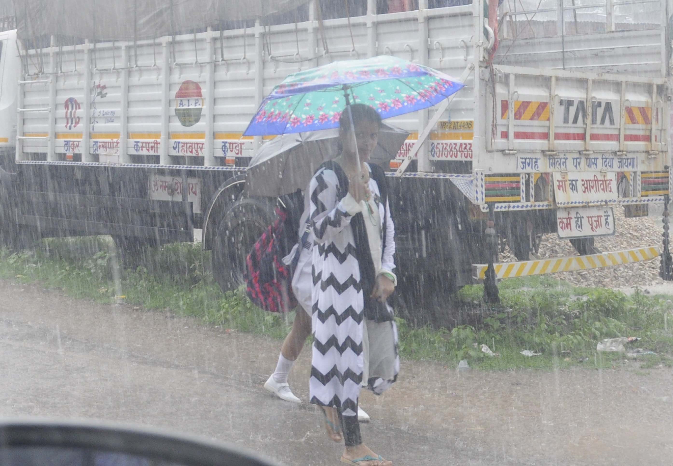 शुक्रवार को सुबह हुई रिमझिम बारिश में छतरी लेकर घर को जाती युवती।