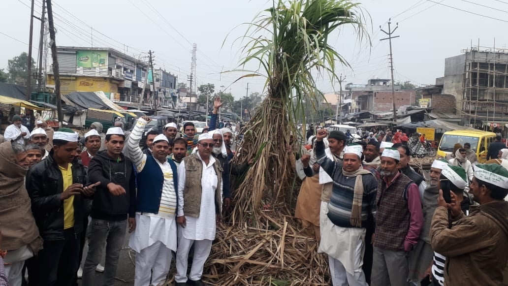 छुटमलपुर में सड़क जाम के दौरान गन्ने के साथ प्रदर्शन करते किसान छुटमलपुर में सड़क जाम के दौरान गन्ने के साथ प्रदर्शन करते किसान