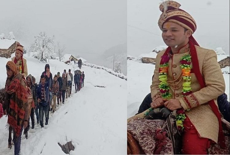 बर्फबारी के बीच बरातियों संग दुल्हनिया लेने पहुंचे दूल्हे राजा, हसीन वादियों में लिए सात फेरे Groom walked and Going For marriage even heavy snowfall in uttarakhand chamoli