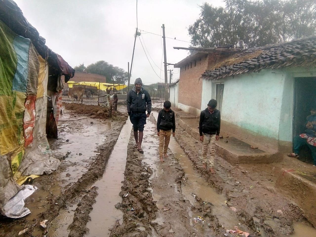 मोहम्मदाबाद में हरिजन मोहल्ले में कीचड़ से निकलते ग्रामीण ग्रामीण मोहम्मदाबाद में हरिजन मोहल्ले में कीचड़ से निकलते ग्रामीण ग्रामीण