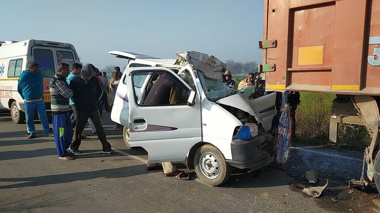 Eco van collided with standing dumper, six barati including driver killed, six injured