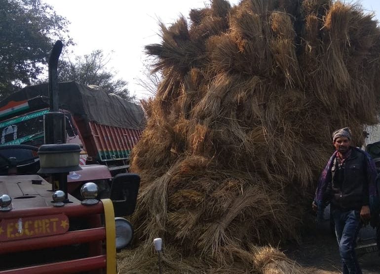 गंगनहर पटरी कांवड़ मार्ग पर पलटी पुआल से लदी ट्राली। गंगनहर पटरी कांवड़ मार्ग पर पलटी पुआल से लदी ट्राली।