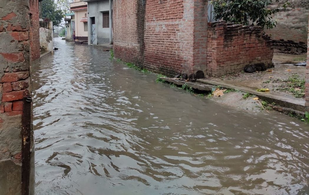 भारी बारिश से गांव के रास्ते पर भरा पानी। भारी बारिश से गांव के रास्ते पर भरा पानी।