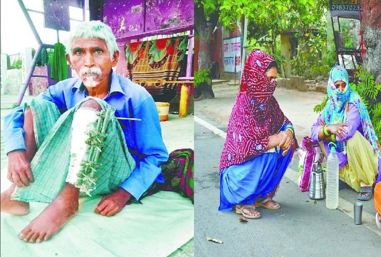 पैर में फ्रैक्चर का मरीज सुरेश और जमीन पर बैठी महिलाएं