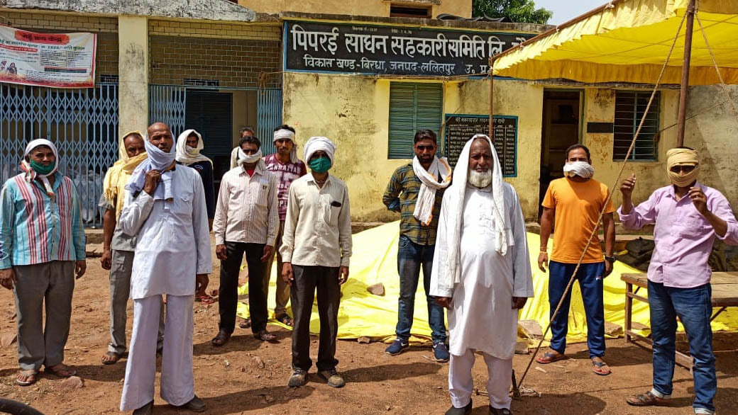 पिपरई साधन सहकारी समिति पर गेहूं बेचने के इंतजार में खड़े किसान पिपरई साधन सहकारी समिति पर गेहूं बेचने के इंतजार में खड़े किसान