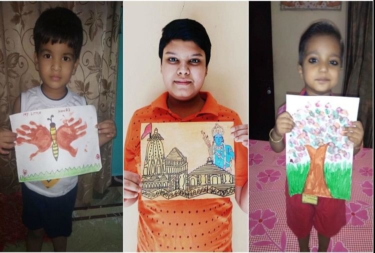 लॉकडाउन में बनाईं पेंटिंग्स के साथ बच्चे