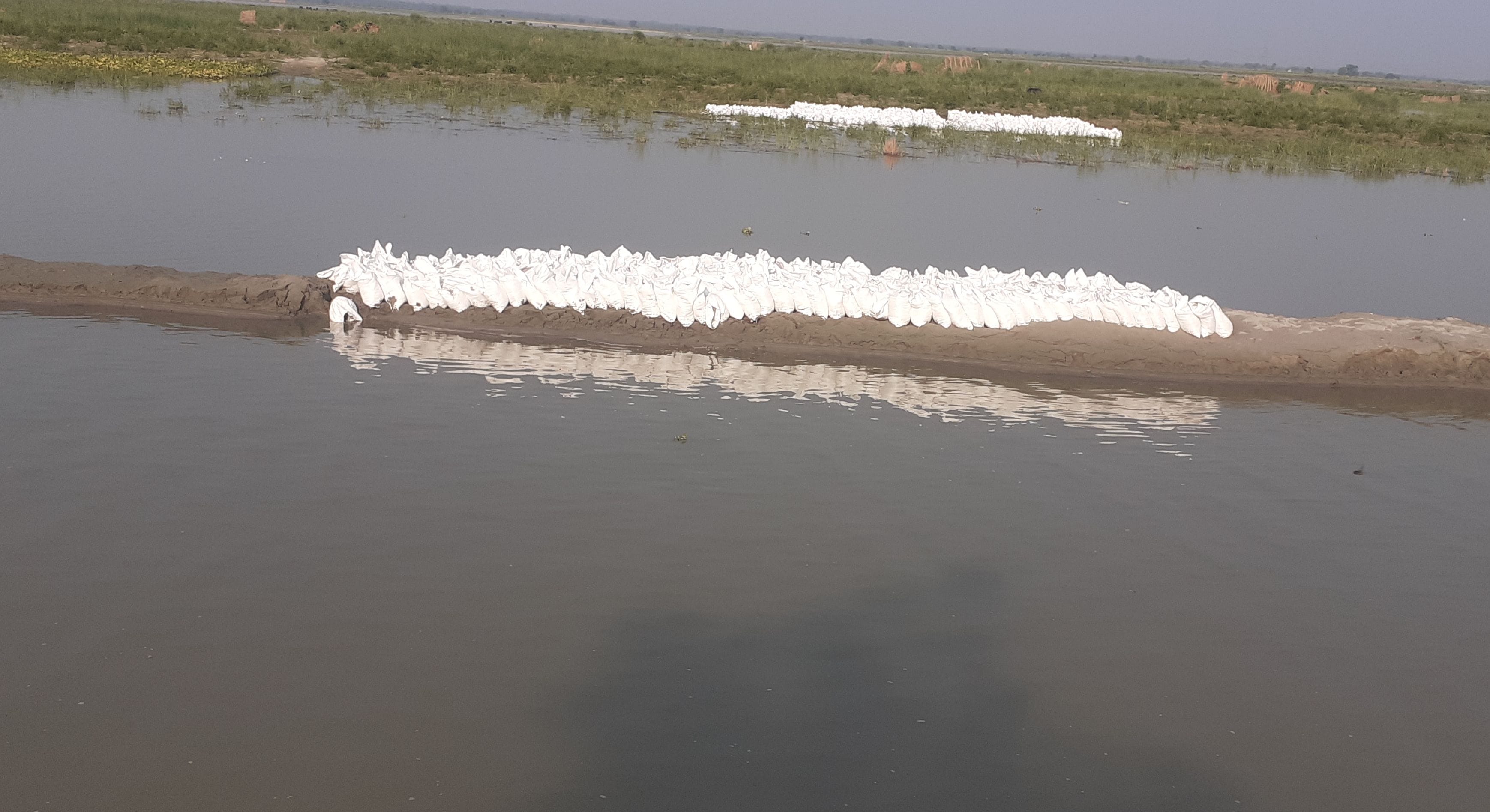  तटबंध बनाने के लिए रेत से भरे कट्टे जलस्तर बढ़ने के कारण पानी में बहने लगे।