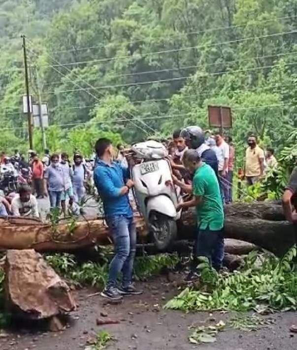 एनएच पर ऐता के समीप पेड़ खिरने से बाधित मार्ग पर स्कूटी निकालने का प्रयास करते युवल। एनएच पर ऐता के समीप पेड़ खिरने से बाधित मार्ग पर स्कूटी निकालने का प्रयास करते युवल।