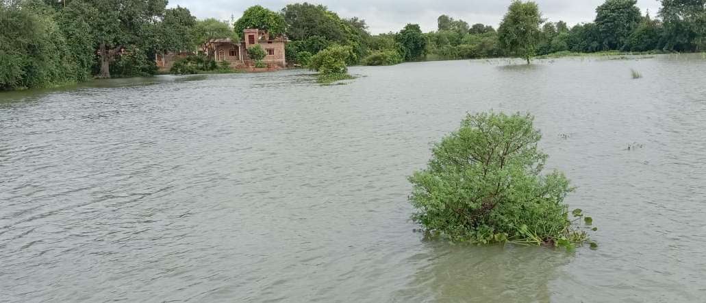 बाढ़ के पानी से घिरा सहतवार क्षेत्र के चांदपुर बिंद बस्ती। बाढ़ के पानी से घिरा सहतवार क्षेत्र के चांदपुर बिंद बस्ती।