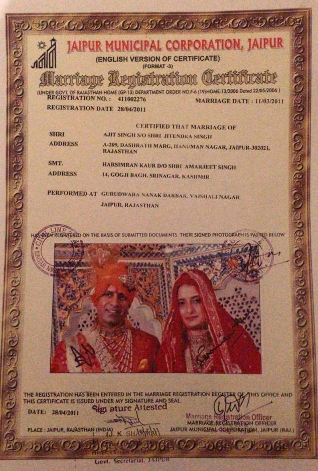 ठाकुर अजीत सिंह की पत्नी हरसिमरन कौर द्वारा दिया गया शादी का प्रमाणपत्र।