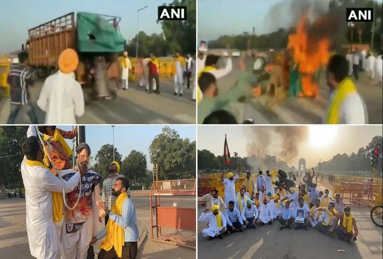 पंजाब युवा कांग्रेस का इंडिया गेट पर प्रदर्शन, ट्रैक्टर में लगाई आग
