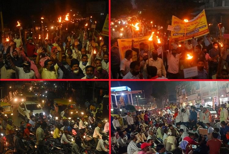 प्रदर्शन के दौरान सोशल डिस्टेंसिंग की जमकर उड़ी धज्जियां।