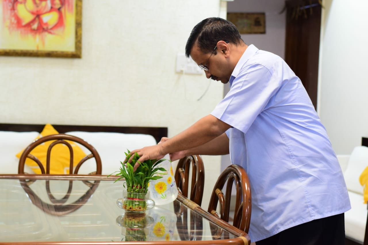 अपने आवास पर गमले का पानी बदलते मुख्यमंत्री केजरीवाल।