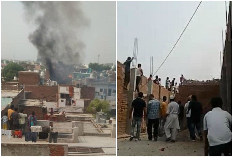 आगराः पटाखों के गोदाम में विस्फोट से दहला शाहगंज, दो की मौत, चार घायल तेज धमाके के बाद घर से उठता धुआं और राहत बचाव में जुटे लोग