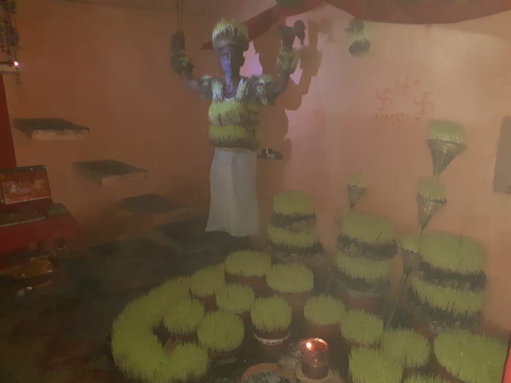 ग्राम पंचायत करमरा में मातारानी भक्त मोहन सिंह लोधी अपने पूरे शरीर पर बोए जवारे ग्राम पंचायत करमरा में मातारानी भक्त मोहन सिंह लोधी अपने पूरे शरीर पर बोए जवारे