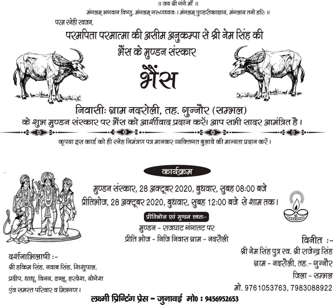 बबराला में भैंस मुंडन संस्कार का छपा निमंत्रण कार्ड।