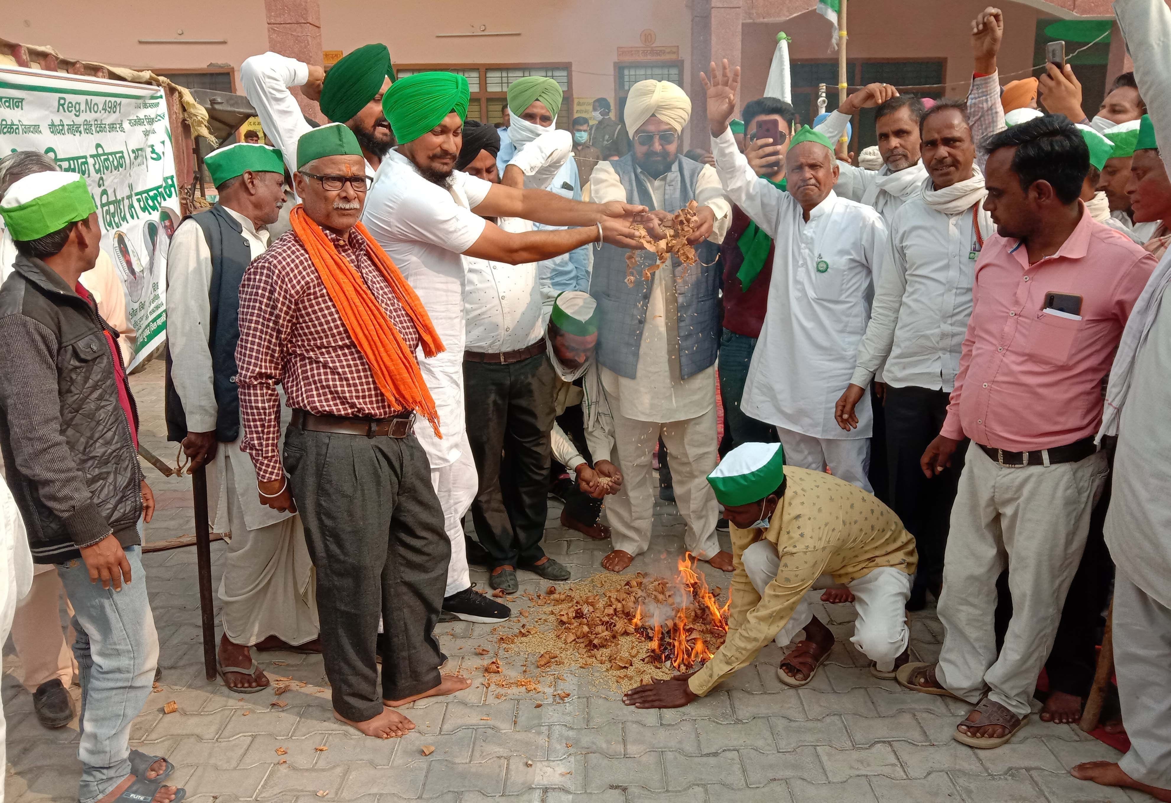 पूरनपुर तहसील में प्रदर्शन कर धान जलाते भाकियू कार्यंकर्ता। पूरनपुर तहसील में प्रदर्शन कर धान जलाते भाकियू कार्यंकर्ता।