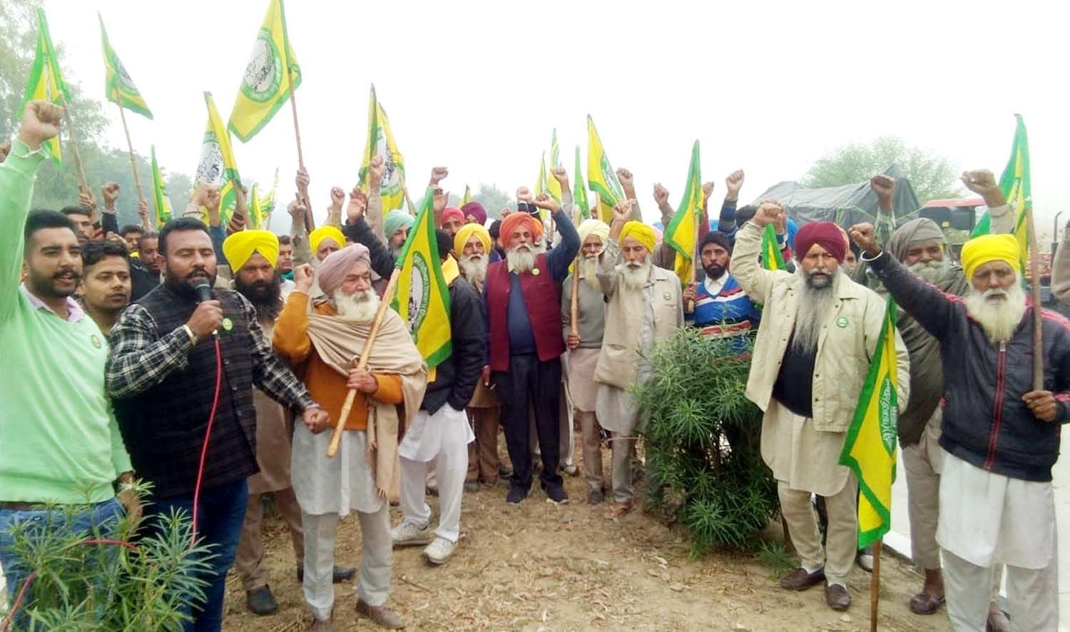 दिल्ली कूच करने के लिए दातासिंह वाला बॉर्डर पर नारेबाजी करते पंजाब से पहुंचे किसान। संवाद दिल्ली कूच करने के लिए दातासिंह वाला बॉर्डर पर नारेबाजी करते पंजाब से पहुंचे किसान। संवाद