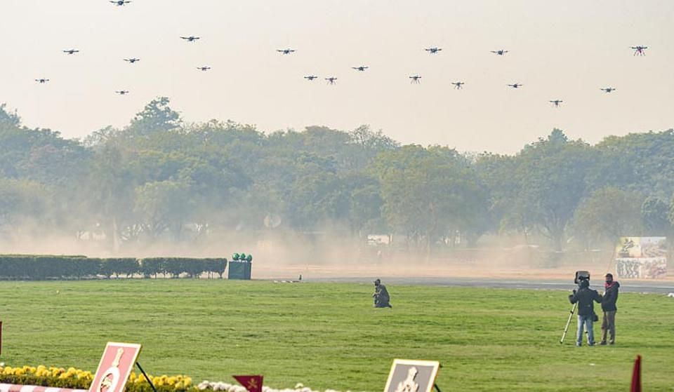 swarm of 75 drones destroying a variety of simulated targets in explosive kamikaze attacks for the first time. on Indian Army Day