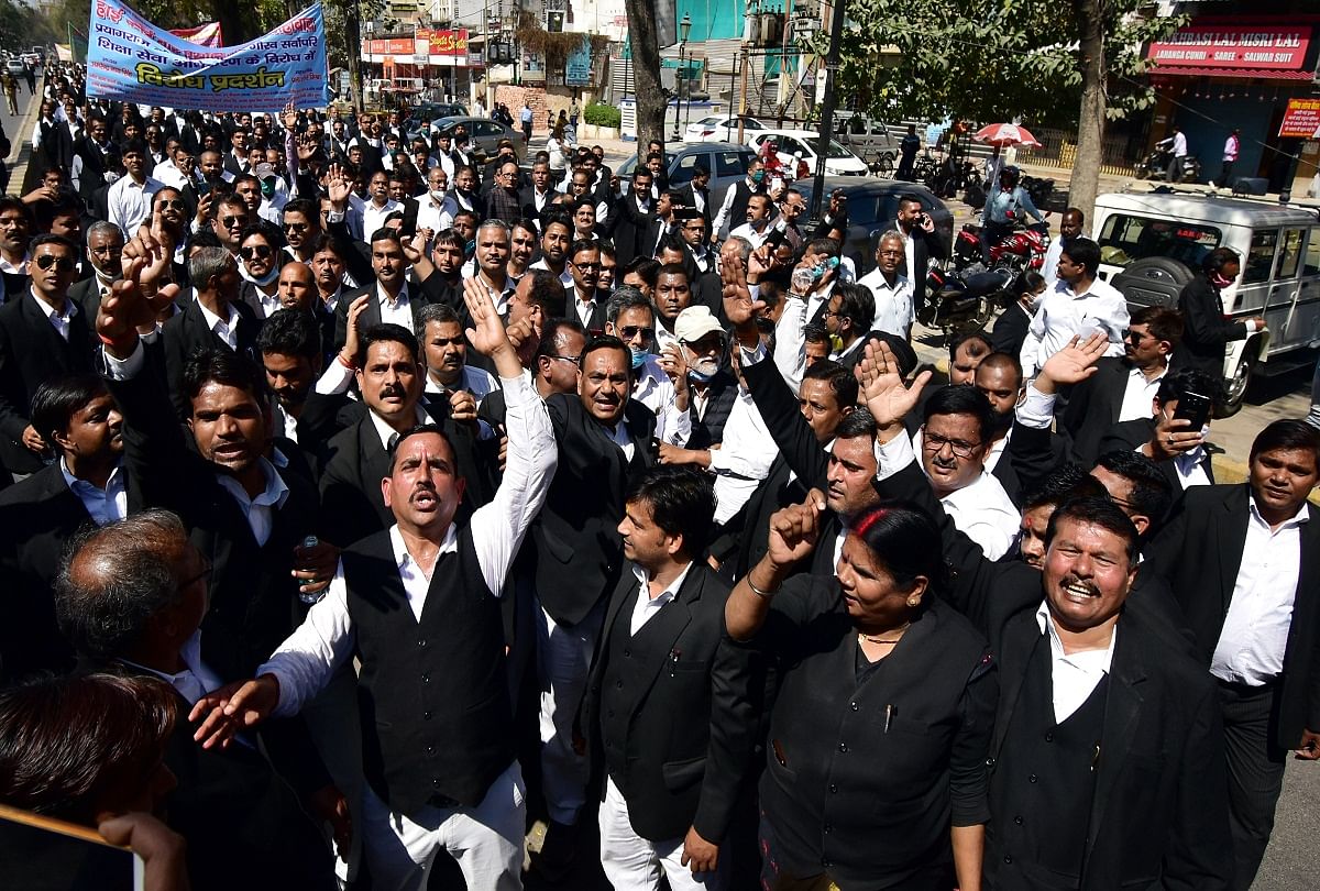 प्रयागराज समाचार: शिक्षा अधिकरण के विरोध में जुलुस निकालते अधिवक्ता।