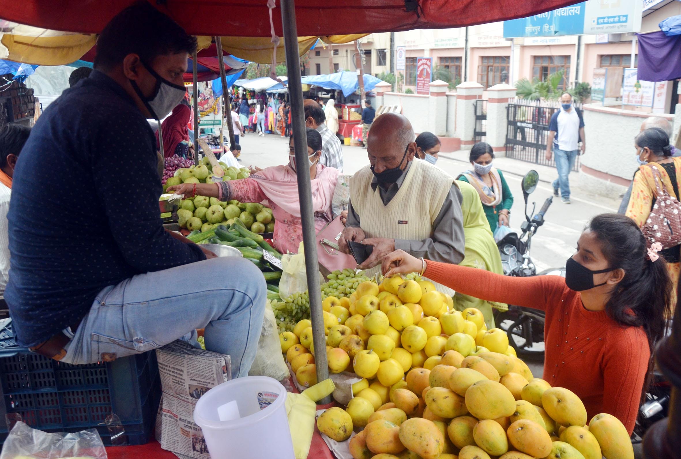 हमीरपुर में फल खरीदते लोग। हमीरपुर में फल खरीदते लोग।