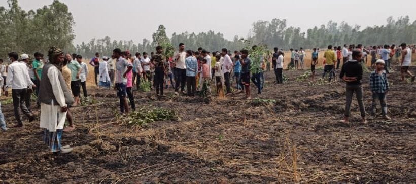 गेहूं की फसल में आग लगने की सूचना पर एकत्र हुई भीड़।