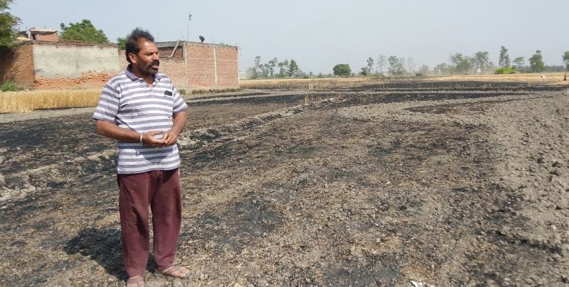 गदरपुर की भोला कालोनी में आग में जली फसल देखते खेत स्वामी। गदरपुर की भोला कालोनी में आग में जली फसल देखते खेत स्वामी।