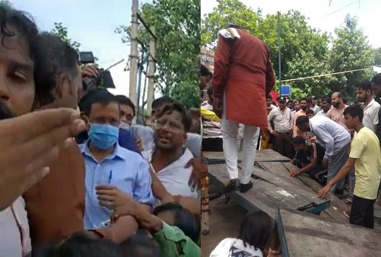 Delhi Cm Arvind Kejriwal Reach Nangal To Meet 9 Year Old Assault Victim  Family Stage Breaks Out And Kejriwal Fall With Crowd - दिल्ली: पीड़ित  परिवार से मिलने पहुंचे दिल्ली के सीएम,