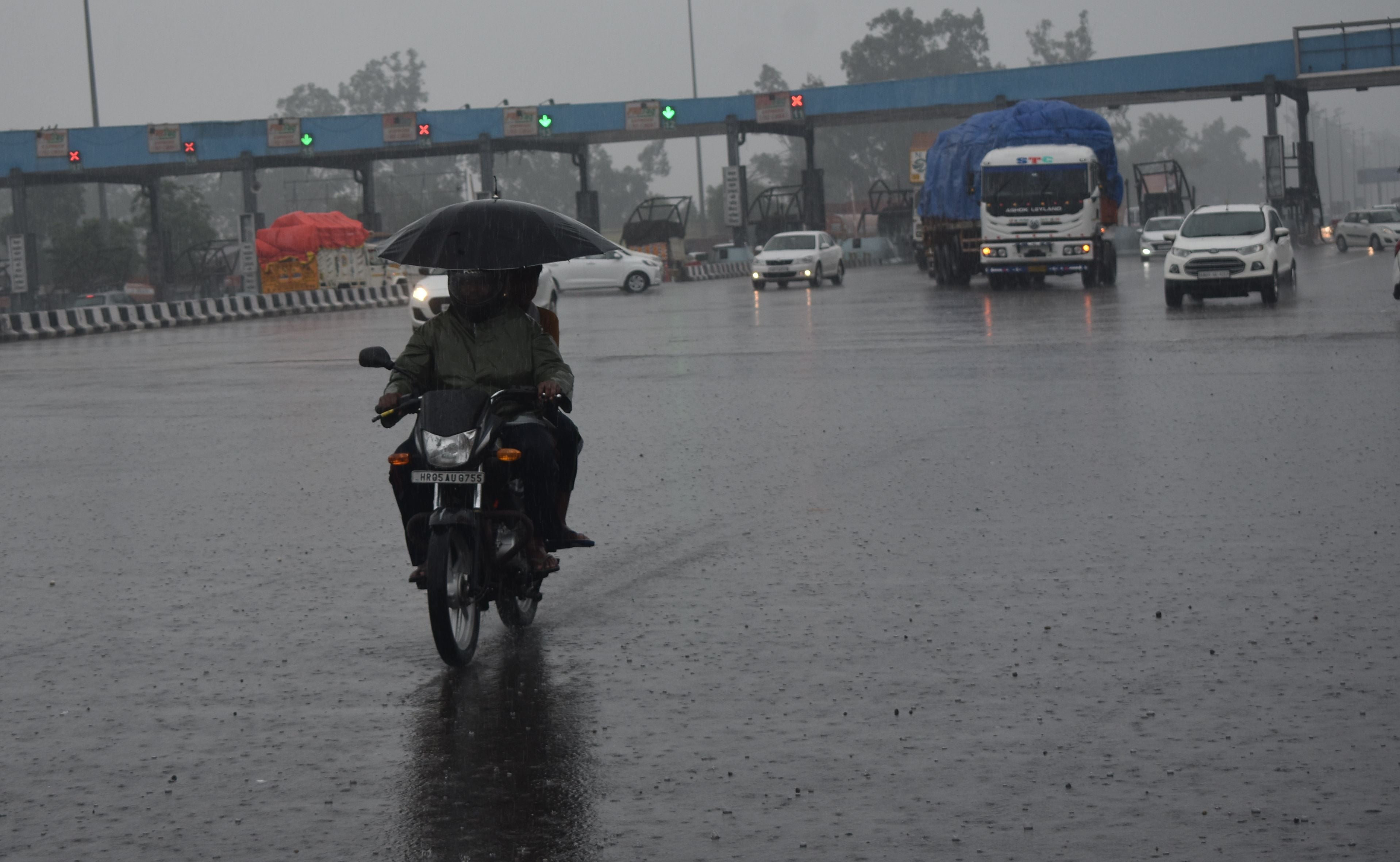 पानीपत। बारिश के दौरान पानीपत टोल टैक्स बाइक पर छाता लेकर गुजरता बाइक सवार। पानीपत। बारिश के दौरान पानीपत टोल टैक्स बाइक पर छाता लेकर गुजरता बाइक सवार।