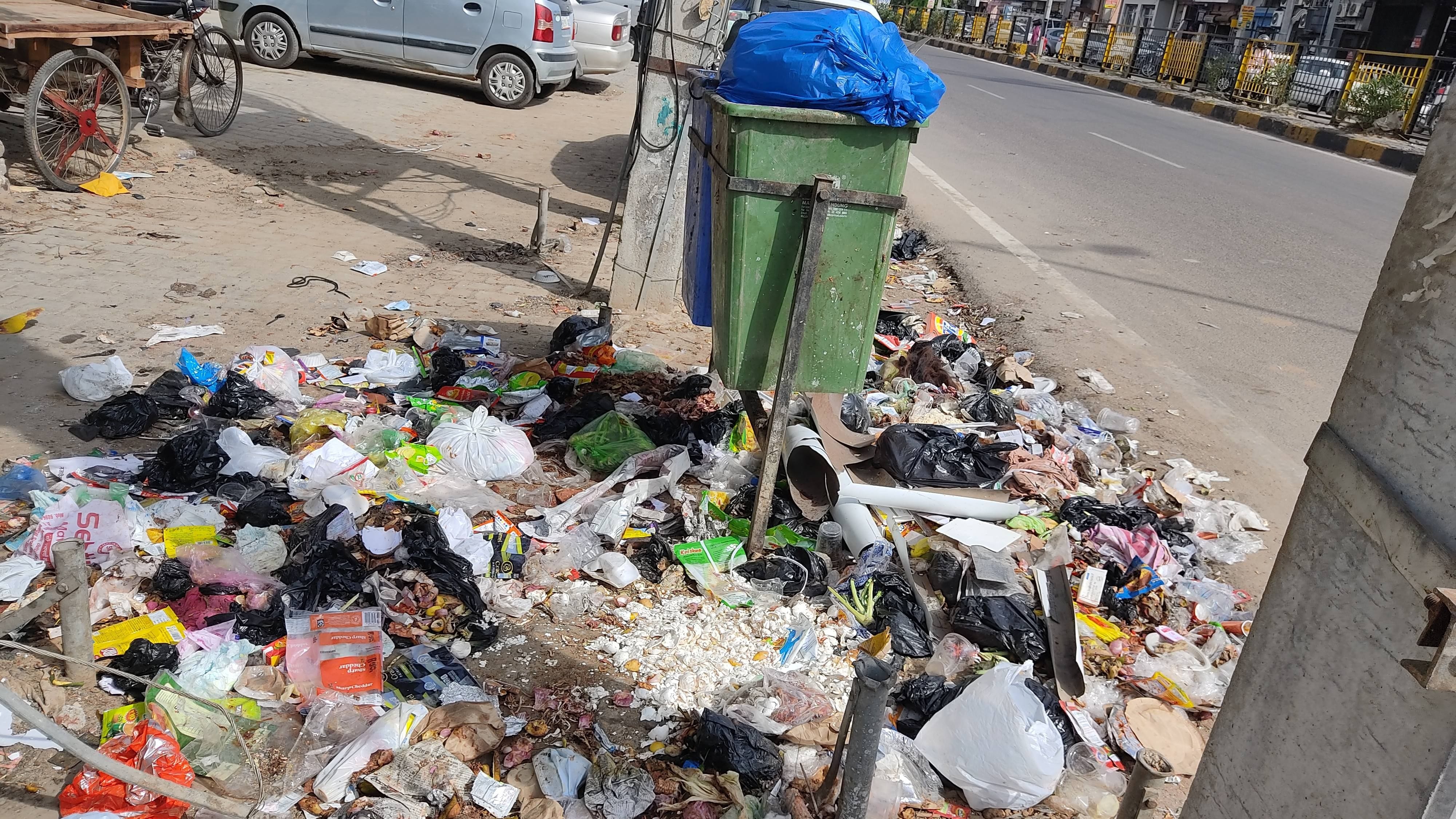 नगर परिषद के सफाई कर्मचारियों के हड़ताल पर रहने के कारण शहर में लगे कचरे के ढेर।