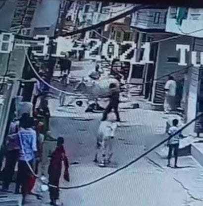 सीसीटीवी फुटेज में जमीन पर गाय के पैरों के बीच पड़ी युवती व बचाने का प्रयास करते लोग। सीसीटीवी फुटेज में जमीन पर गाय के पैरों के बीच पड़ी युवती व बचाने का प्रयास करते लोग।