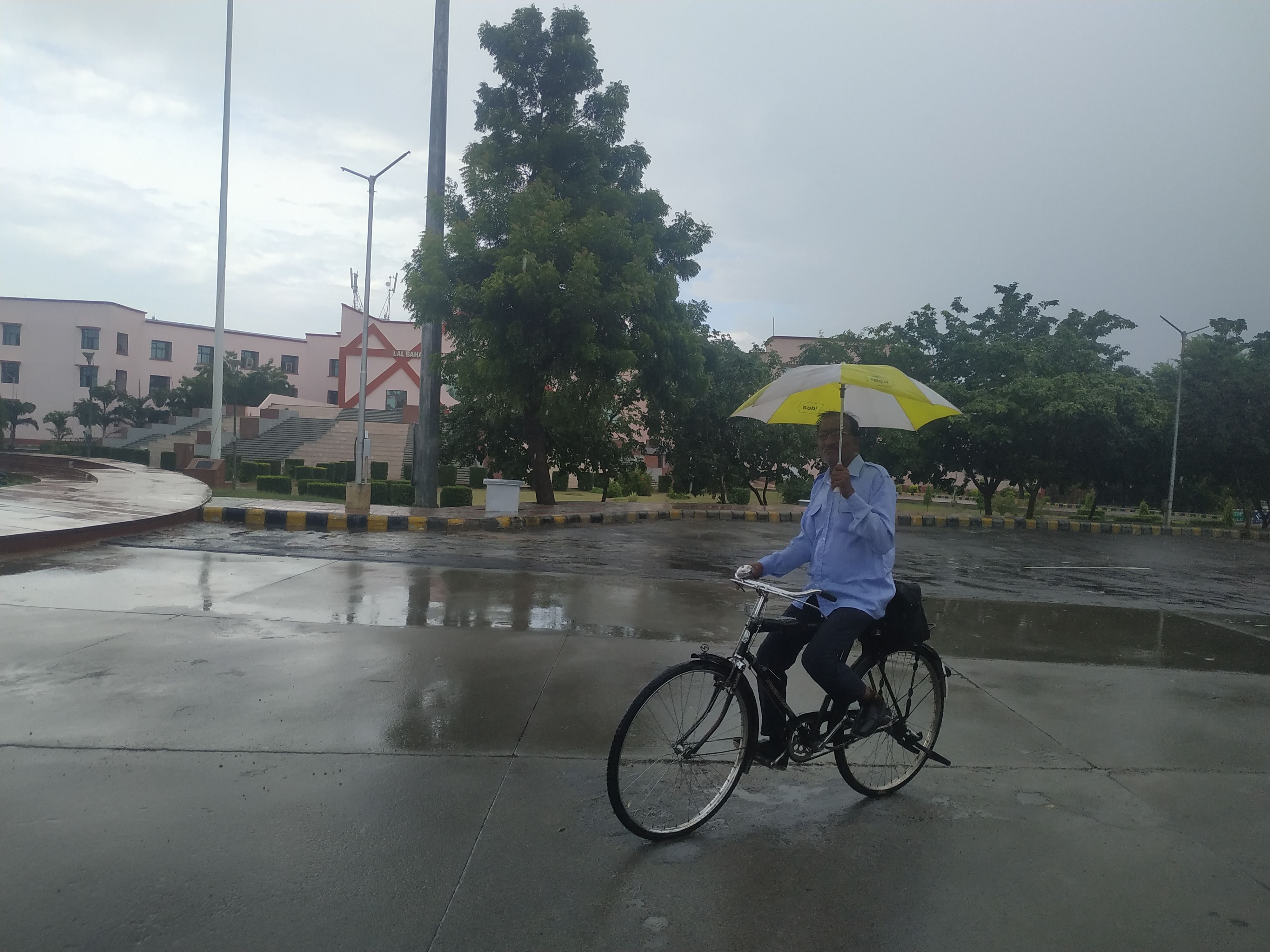 चौधरी देवीलाल विश्वविद्यालय में बरसात में छाता लेकर जाता व्यक्ति । चौधरी देवीलाल विश्वविद्यालय में बरसात में छाता लेकर जाता व्यक्ति ।