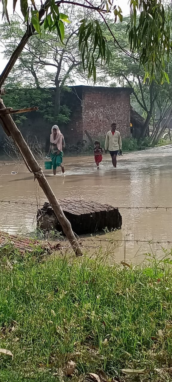गजरौला क्षेत्र में पानी के बीच से निकलते महिला, पुरुष व बालक।