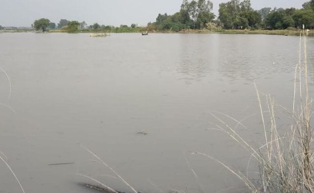गंगा नदी में बाढ़ के बाद का दृष्य। संवाद