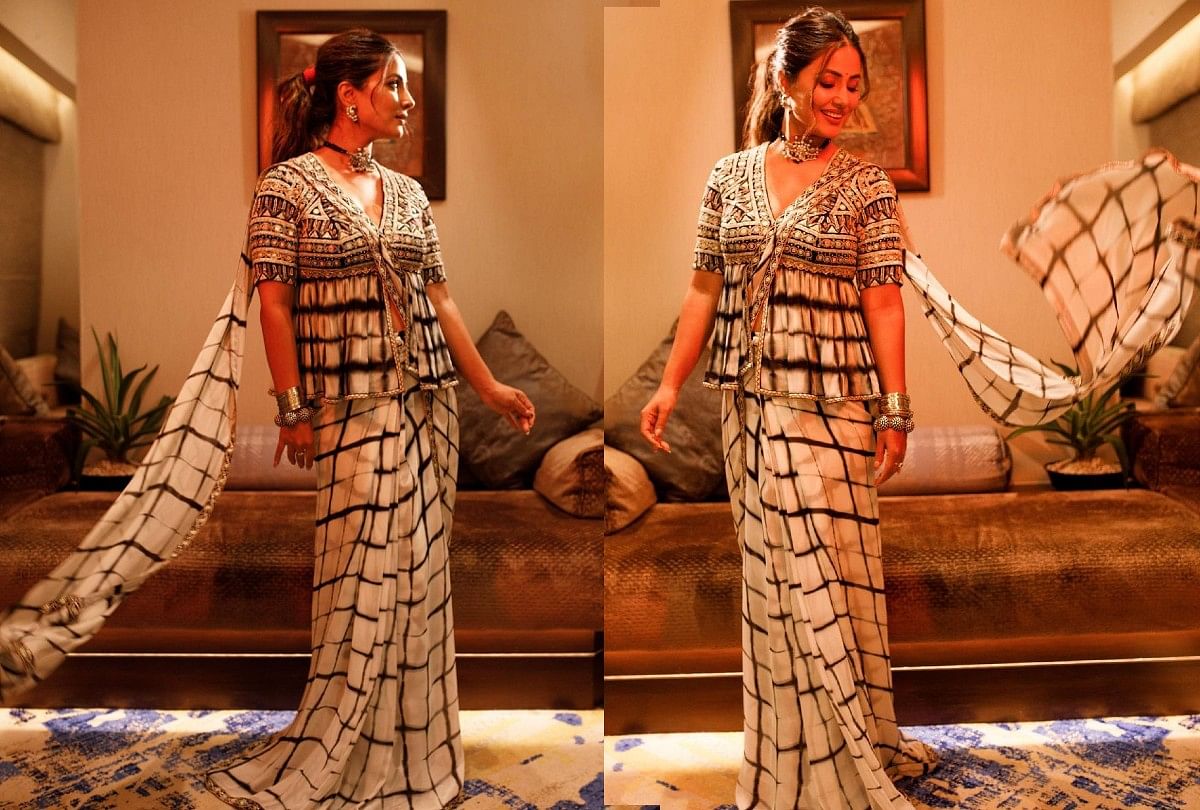 Hina Khan Georgette Tie Dye Print Saree Pair With Peplum Blouse - हिना खान  का साधारण साड़ी में दिखा ग्लैमर्स लुक, पेपलम ब्लाउज से एथनिक वियर को दिया  माॅर्डन टच - Amar