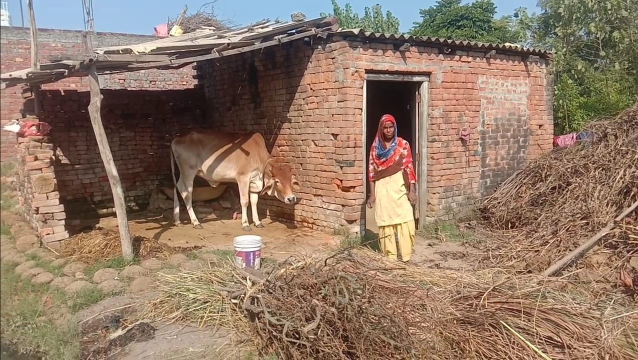 बिशनपुर में टीन डले मकान के सामने खड़ी सोनिया। बिशनपुर में टीन डले मकान के सामने खड़ी सोनिया।