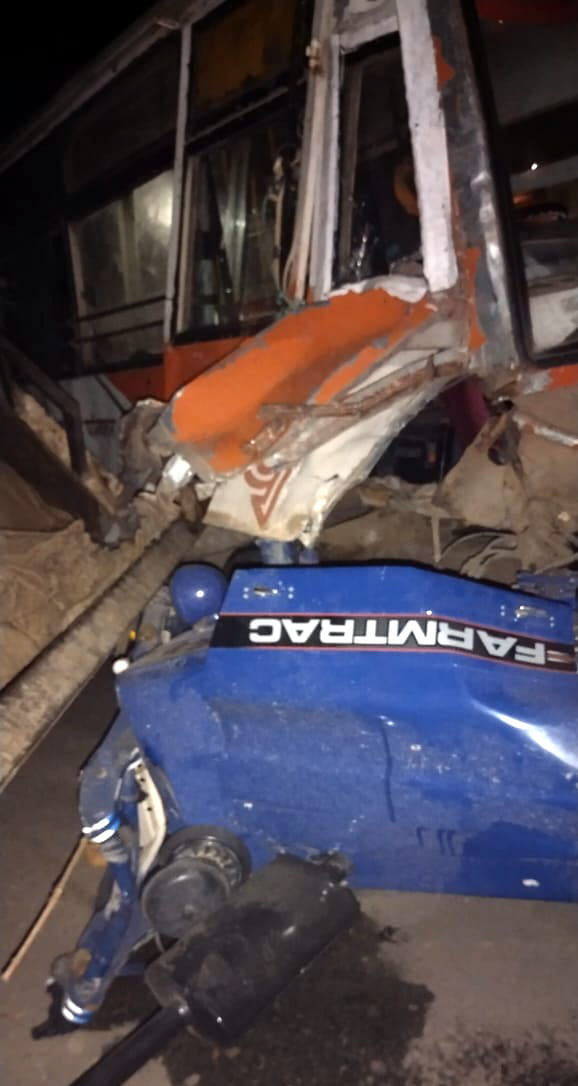 Two farmers riding tractor-trolley killed in bus collision, seven injured