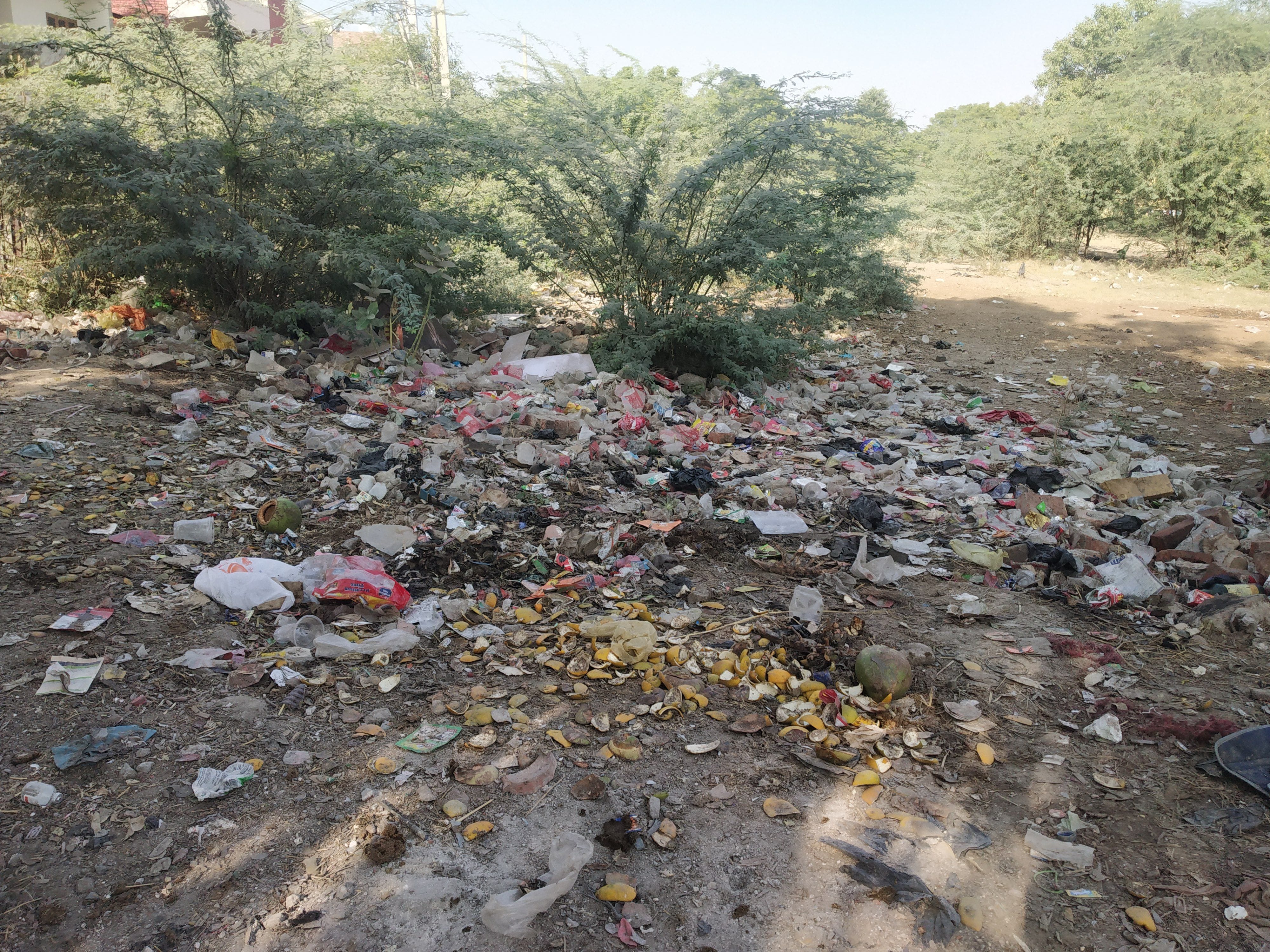 ाली प्लाट में फैला कूड़ा। 