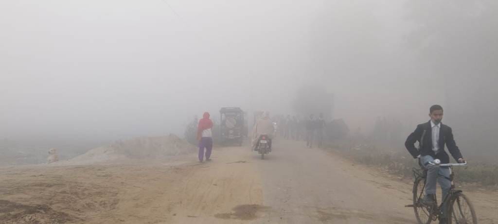 कोहरे में स्कूल जाते बच्चे