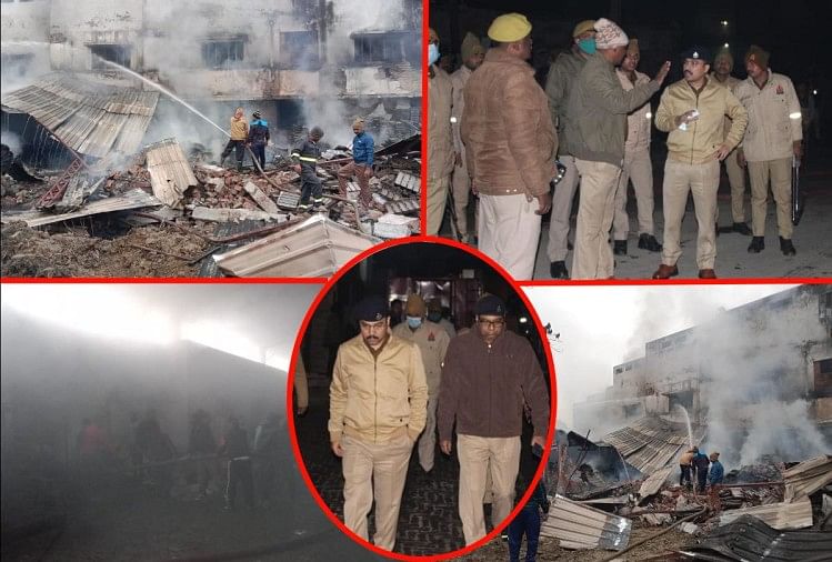गोरखपुर फैक्टरी में लगी आग, मौके पुर मौजूद पुलिस।