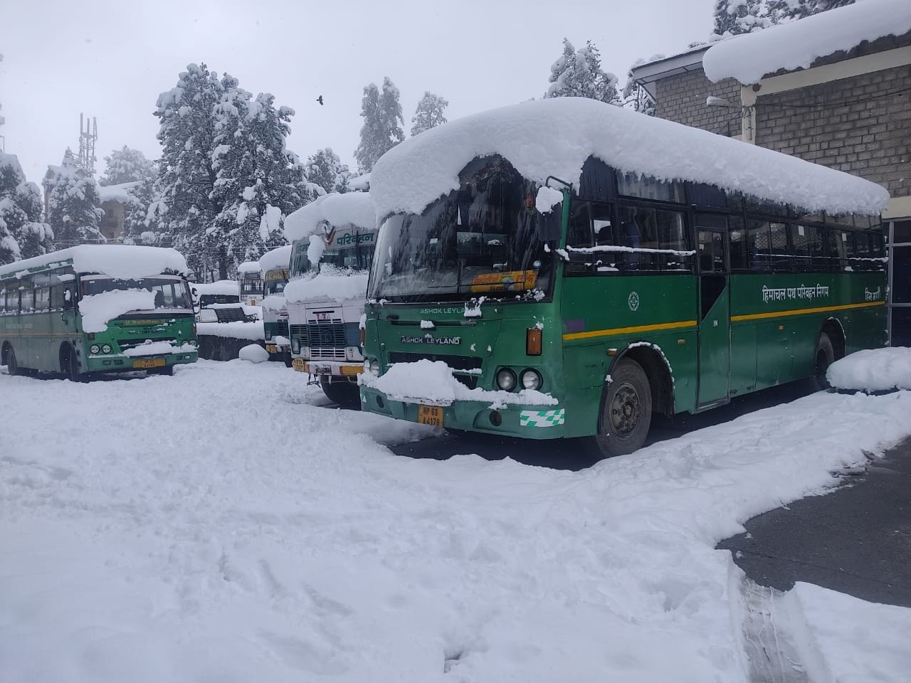बर्फबारी के चलते रिकांगपिओ में खडी एचआरटीसी की बसें बर्फबारी के चलते रिकांगपिओ में खडी एचआरटीसी की बसें