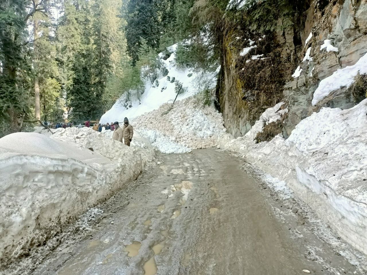 नारकंडा थानाधार मार्ग पर बर्फबारी के कारण बना रहता है खतरा। नारकंडा थानाधार मार्ग पर बर्फबारी के कारण बना रहता है खतरा।