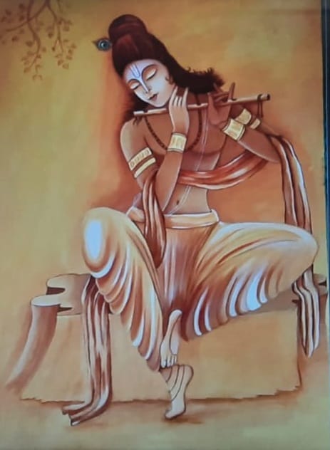 चित्रकला प्रदर्शनी में बंसी बजाते कान्हा का चित्र चित्रकला प्रदर्शनी में बंसी बजाते कान्हा का चित्र