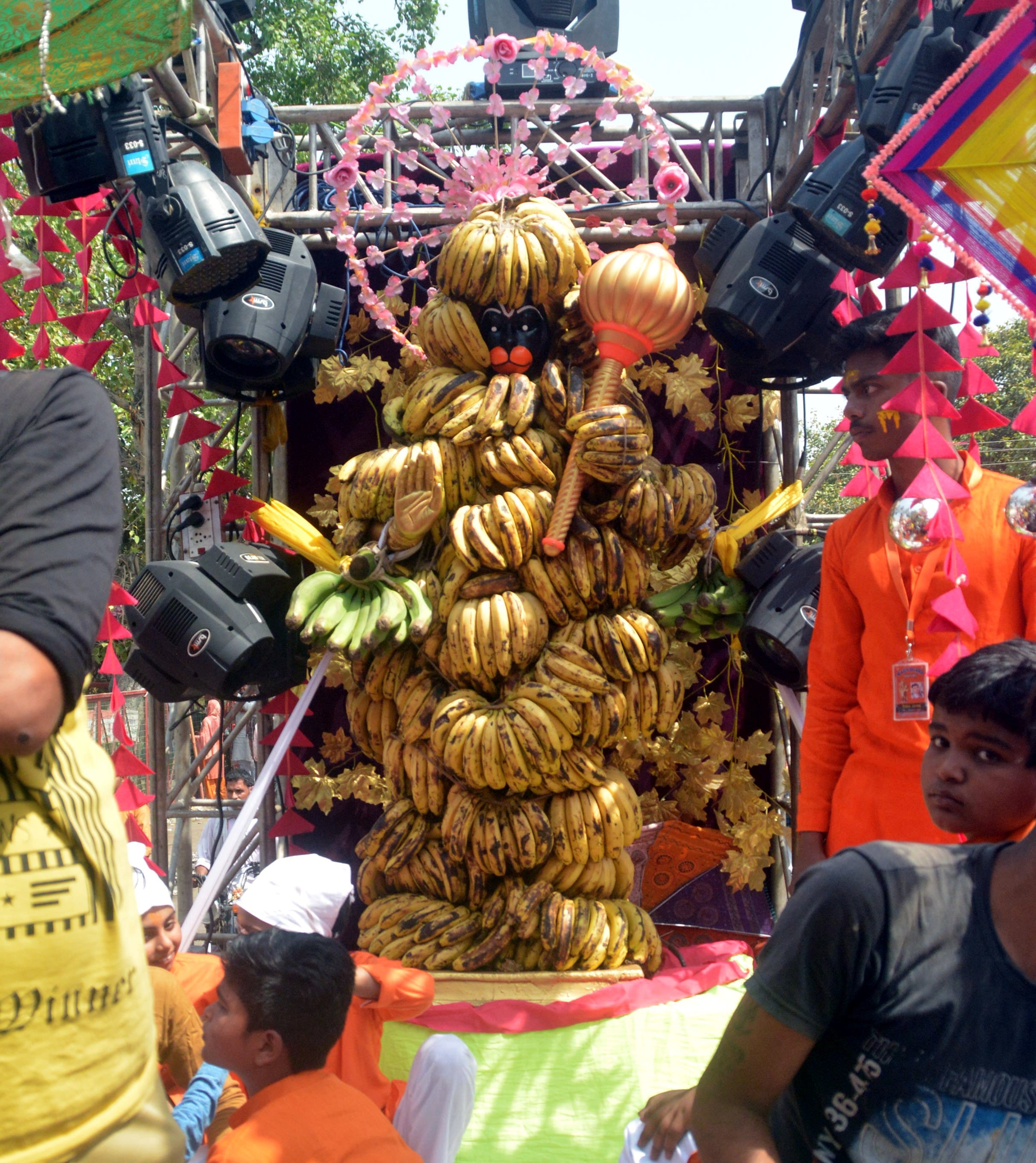 शोभायात्रा में शामिल बालाजी की मूर्ति का फलो से किया गया श्रृंगार।