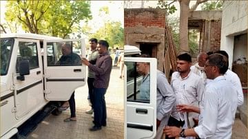 महेंद्रगढ़ सदर थाने में एसआई नरेश कुमार को गिरफ्तार कर गाड़ी में बैठाती विजिलेंस टीम, दूसरी ओर कनीना थाने में एसआई नरेंद्र कुमार को गिरफ्तार कर गाड़ी में बैठाती विजिलेंस की टीम।
