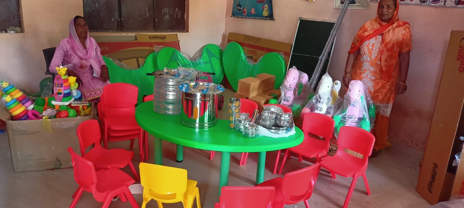 आंगनबाड़ी केंद्र पर रखी प्लास्टिक की कुर्सियां व मेज एवं खिलौने आंगनबाड़ी केंद्र पर रखी प्लास्टिक की कुर्सियां व मेज एवं खिलौने