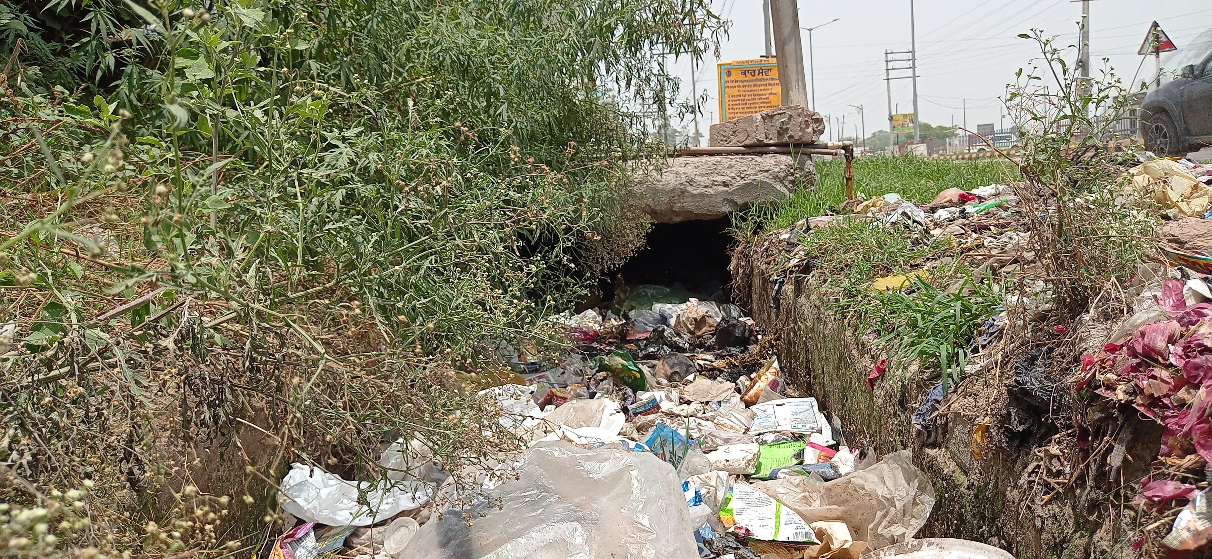   झांसा रोड पर गंदगी से अटा पड़ा नाला।  संवाद